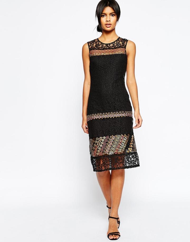 Asos Lace Column Dress With Festival Embellishment - Black