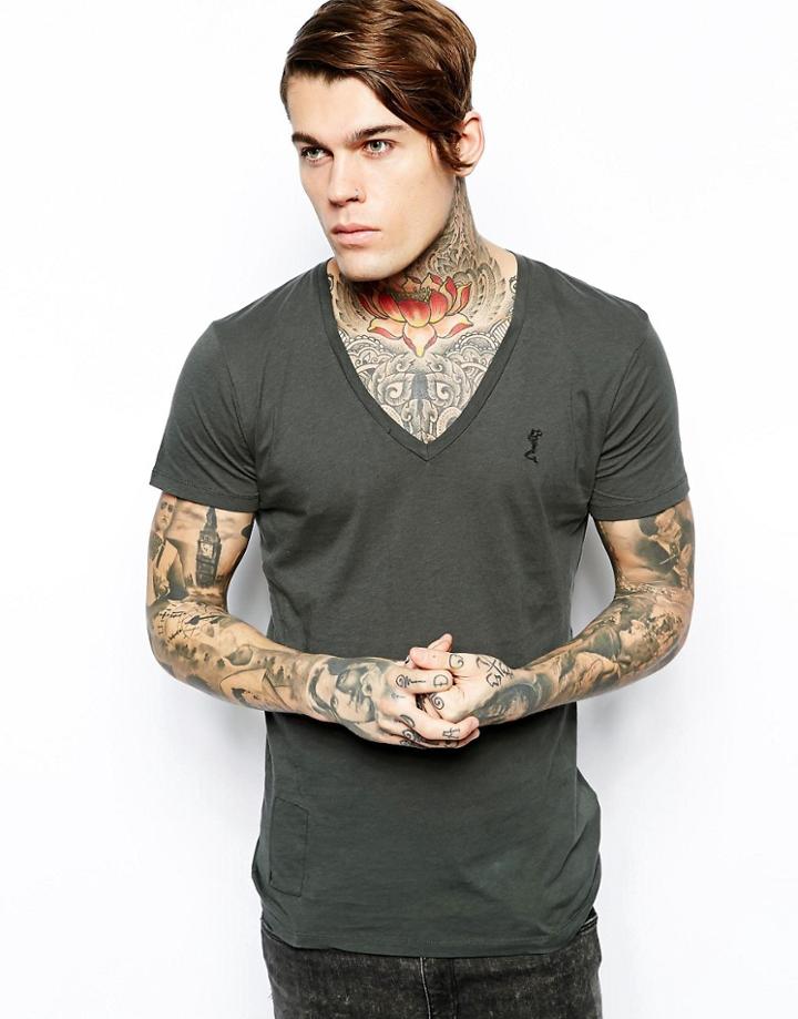 Religion Basic T-shirt With Deep V Neck - Gray