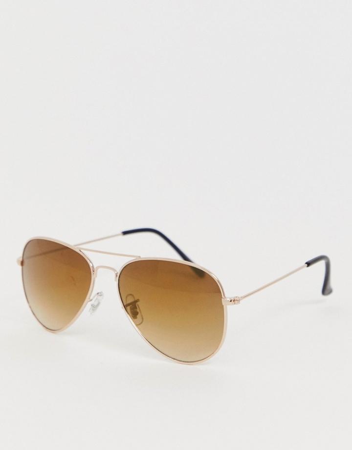 Jack & Jones Metal Aviator Sunglasses In Gold - Gold