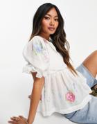 Asos Design Embroidered High Neck Top With Puff Sleeve In Ivory-white