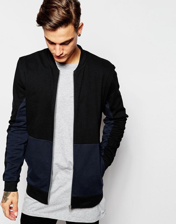 Asos Jersey Bomber Jacket With Cut & Sew Front Panel - Navy