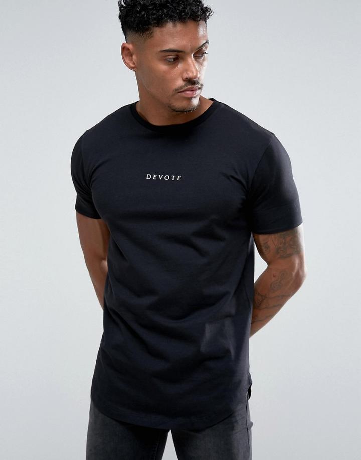 Devote Slim Fit T-shirt With Curved Hem And Printed Turn Up Sleeve - Black