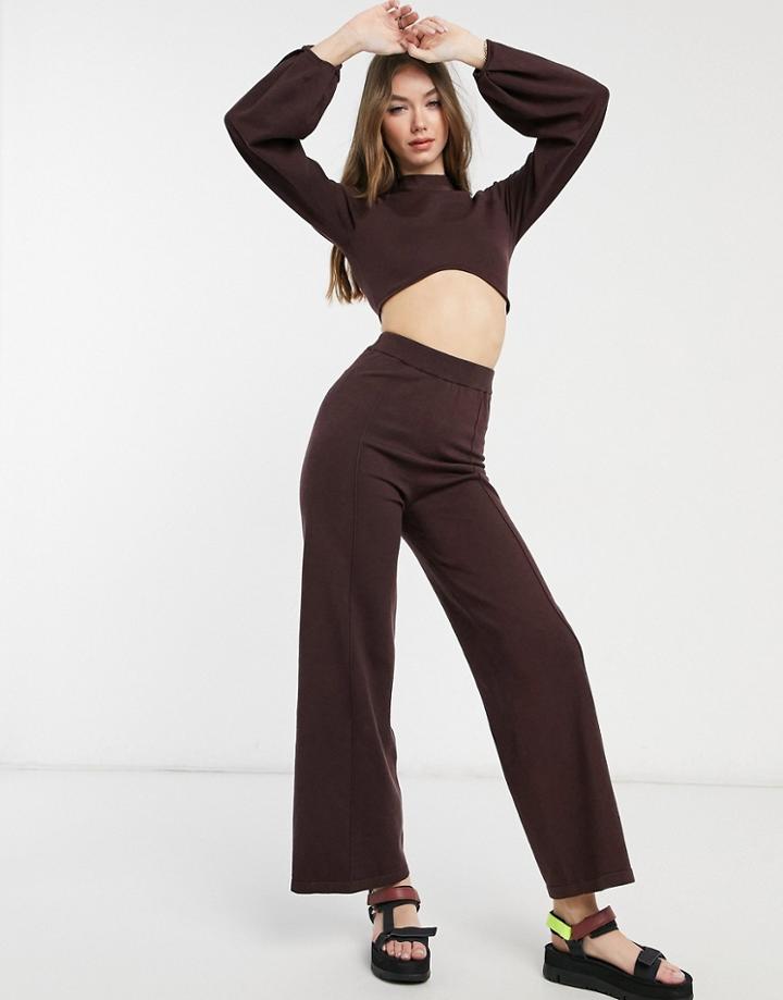 Asos Design Knit Wide Leg Pants With Front Seam In Brown - Part Of A Set