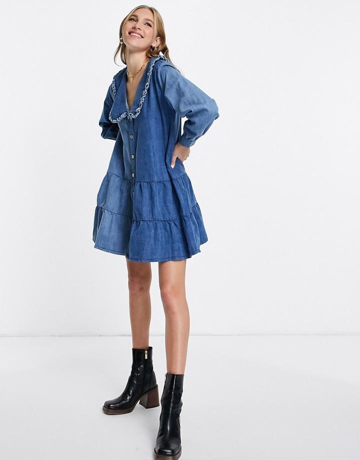 Neon Rose Mini Smock Dress In Mixed Denim-blues