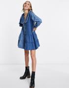 Neon Rose Mini Smock Dress In Mixed Denim-blues