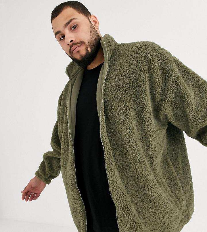 Asos Design Plus Oversized Borg Track Top In Khaki-green