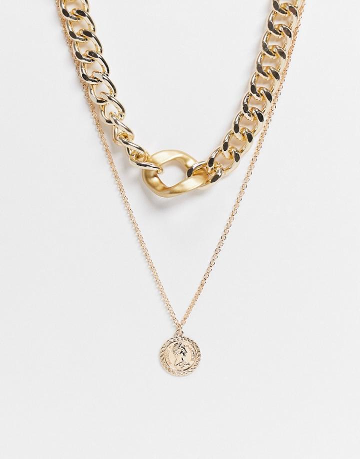 Ego Multirow Choker Necklace In Chunky Chain With Circle Pendant In Gold