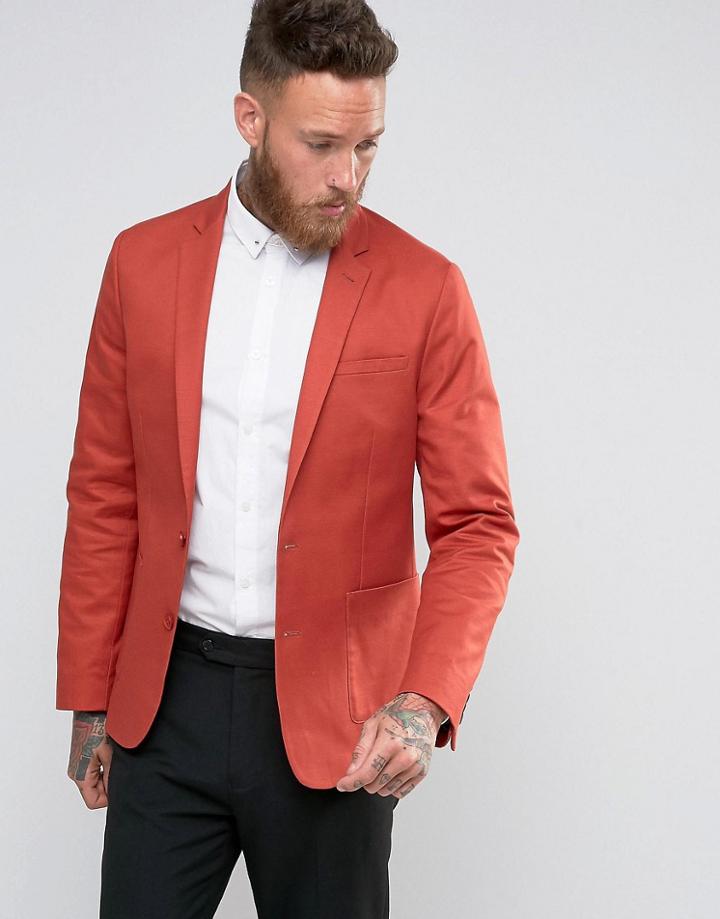 Asos Skinny Blazer In Washed Cotton In Rust - Orange