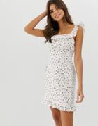 Asos Design Shirred Mini Sundress With Frill In Polka Dot-multi