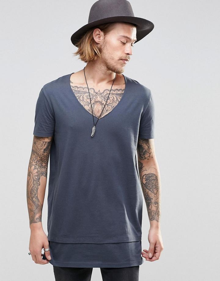 Asos Super Longline T-shirt With Raw V Neck In Ebony - Ebony