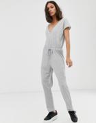 Asos Design Casual V Neck Jumpsuit With Tie Waist - Gray