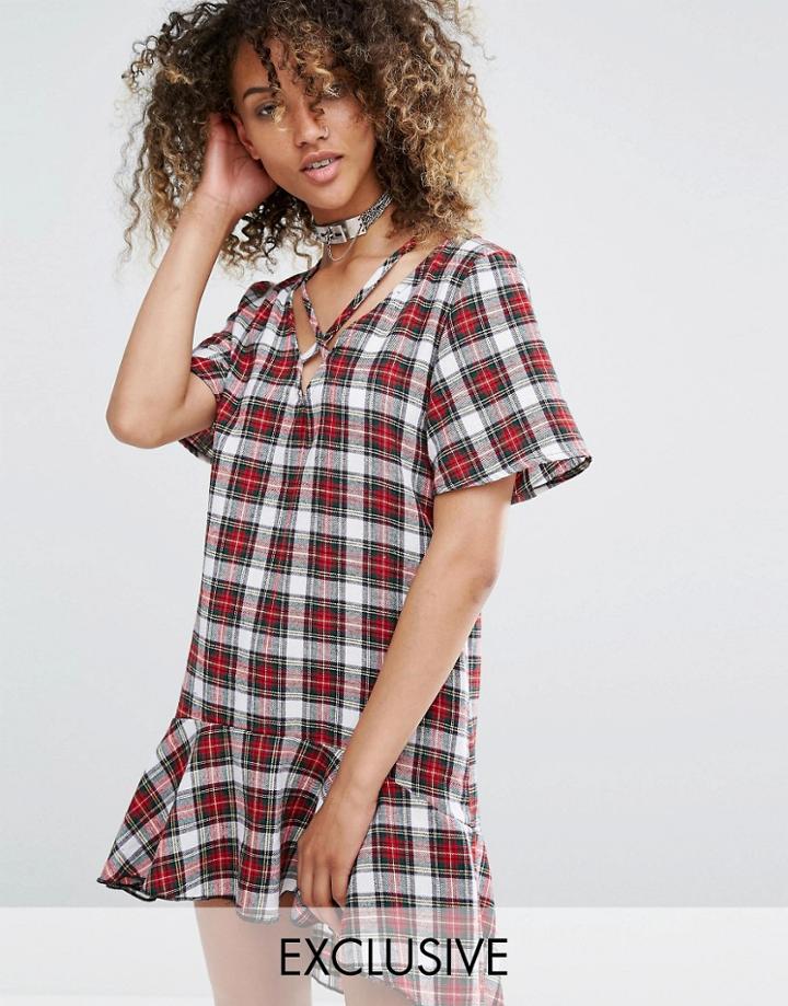 Milk It Vintage Tea Dress With Double Frill And Neck Straps In Plaid - Red