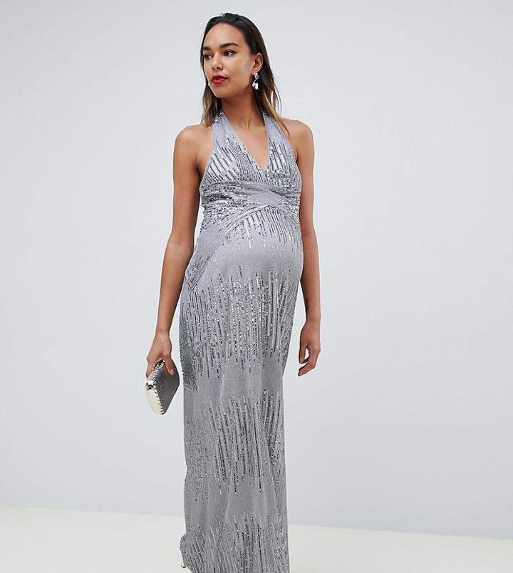 Tfnc Maternity Sequin Maxi Dress With Open Back In Silver