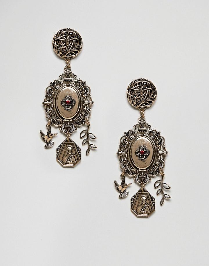 Asos Design Vintage Style Romantic Icon Pendant Earrings - Gold
