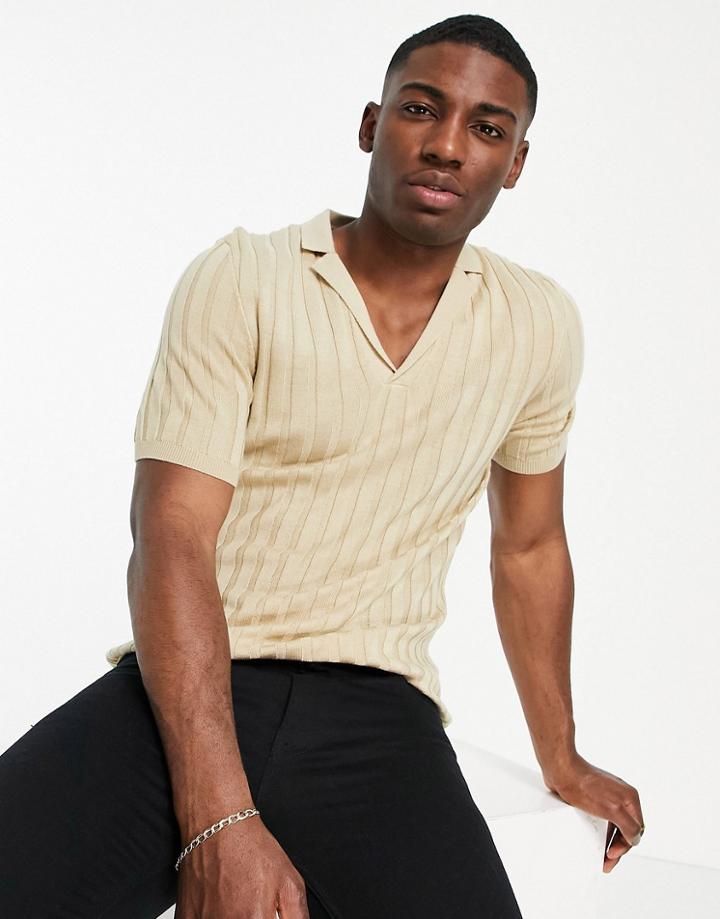 Asos Design Knitted Ribbed Revere Polo T-shirt Oatmeal-neutral