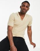 Asos Design Knitted Ribbed Revere Polo T-shirt Oatmeal-neutral