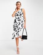 Asos Design One Shoulder Half Pephem Pencil Midi Dress In Print-multi