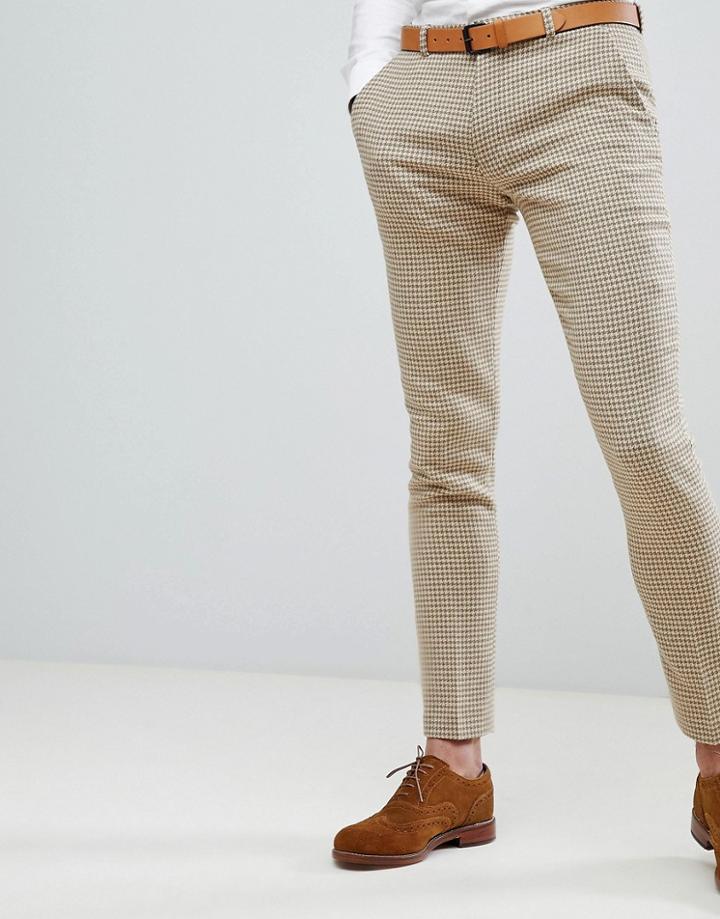 Asos Design Wedding Super Skinny Suit Pants In Neutral Houndstooth - Beige