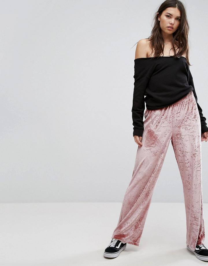Asos Wide Leg Pant In Velvet - Pink