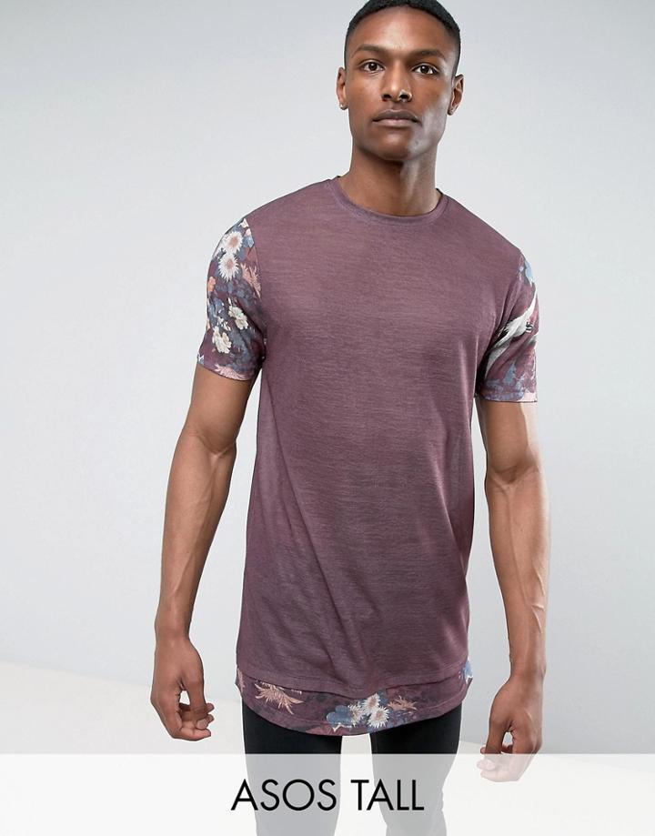Asos Tall Super Longline T-shirt In Linen Look Fabric With Floral Print Sleeves & Hem Extender - Purple
