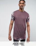 Asos Tall Super Longline T-shirt In Linen Look Fabric With Floral Print Sleeves & Hem Extender - Purple