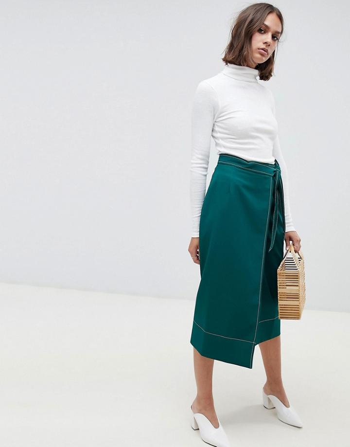 Asos Design Tailored Midi Wrap Skirt With Topstitch - Green