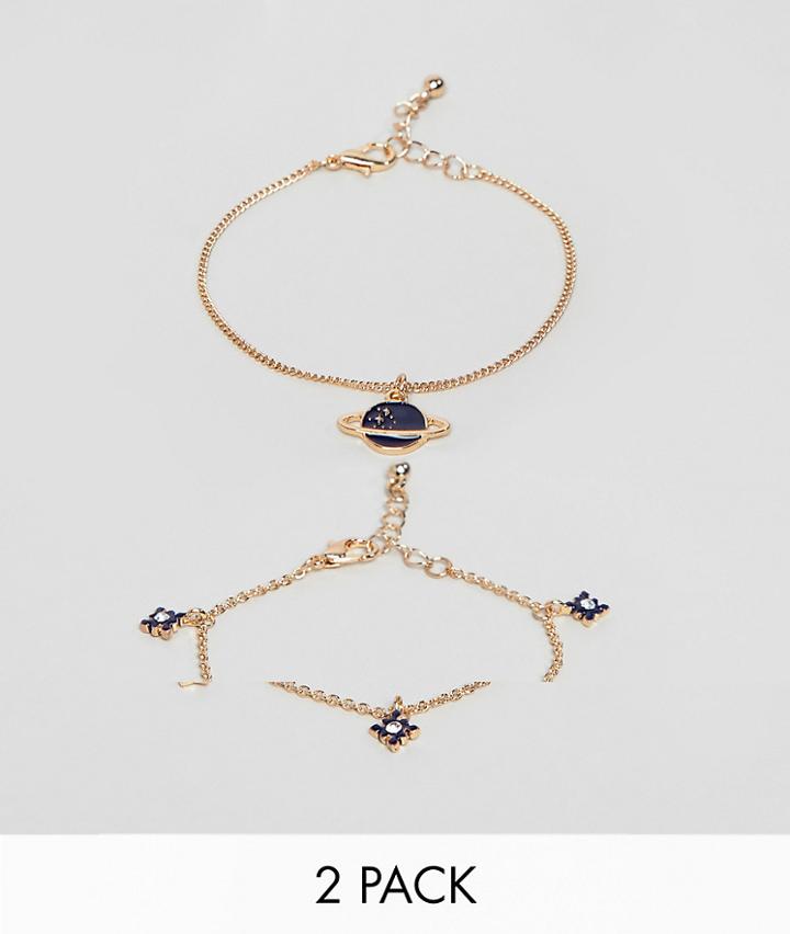 Asos Design Pack Of 2 Bracelets With Star And Planet Design In Gold - Gold