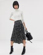 Asos Design Pleated Midi Skirt In Mono Grid Print With Buttons And Step Hem-multi
