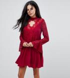 Kiss The Sky Tall Lace Insert Smock Dress With Choker Detail - Red