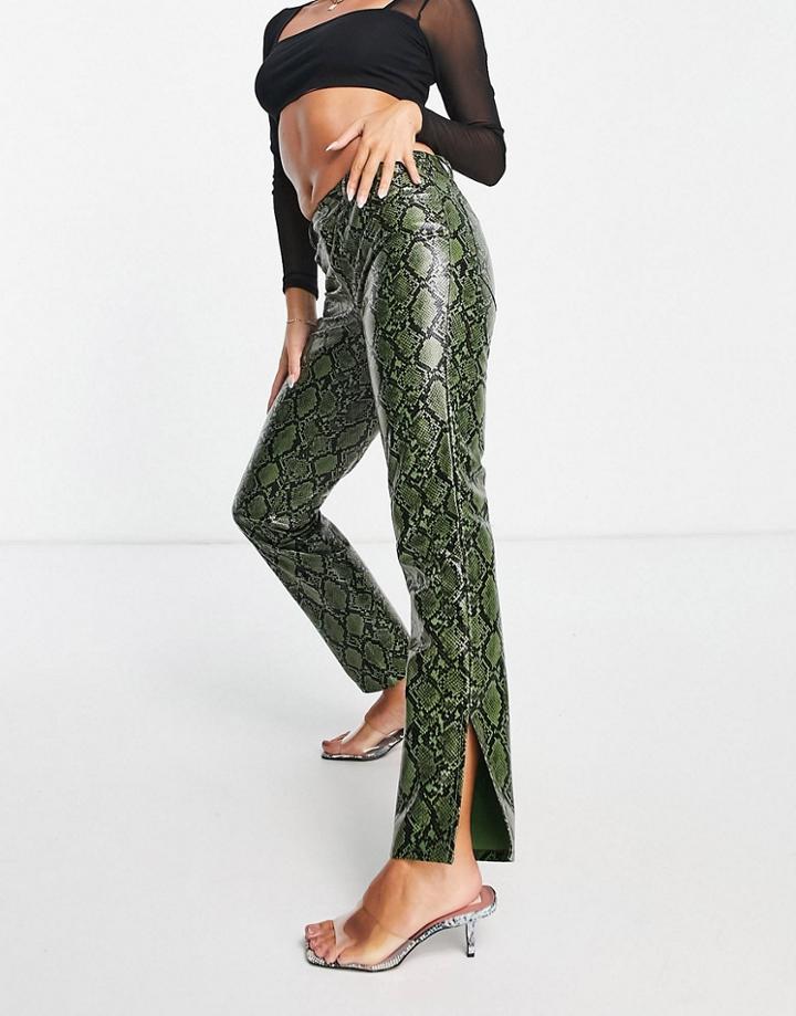 Asos Design Low Rise Leather Look Straight Leg Pant In Green Snake