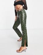 Asos Design Low Rise Leather Look Straight Leg Pant In Green Snake