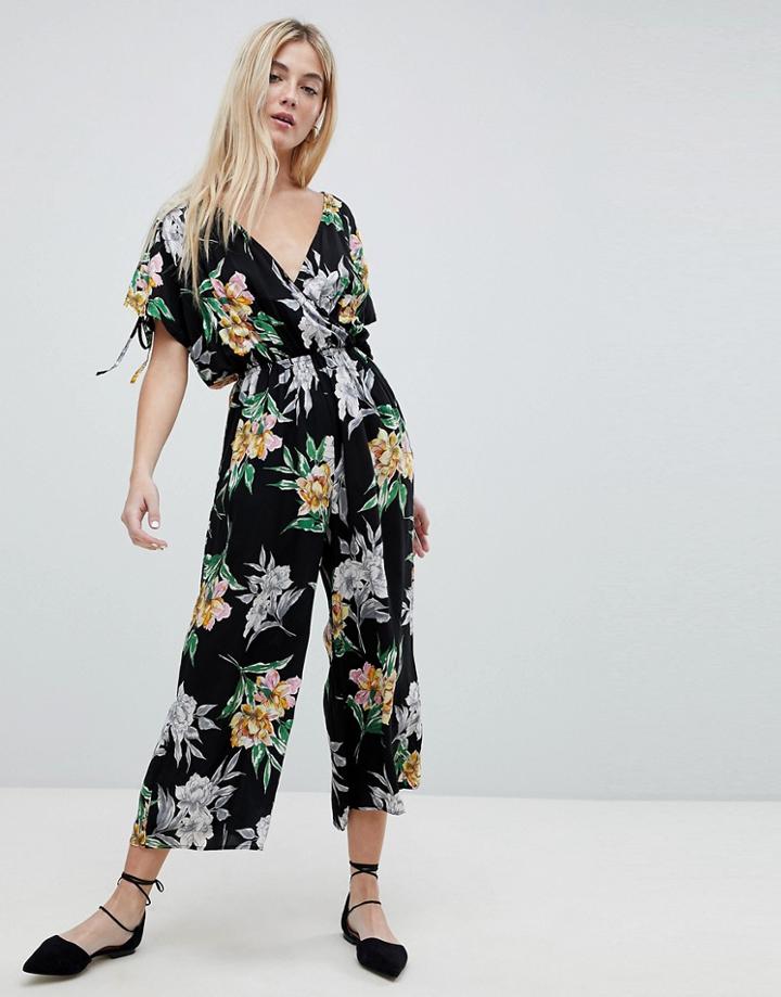 Qed London Floral Print Culotte Jumpsuit - Black