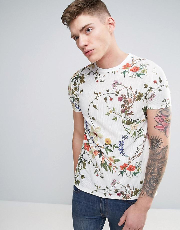 Asos T-shirt In Textured Fabric With All Over Floral Print - White