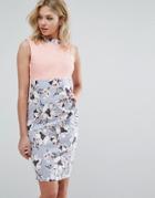 Vesper Floral Pencil Dress With Contrast Body - Blue