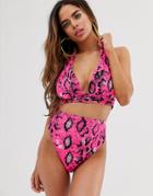 Asos Design Fuller Bust Mix And Match Halter Plunge Bikini Top In Pink Neon Snake Dd-f
