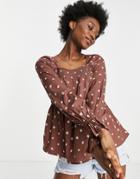 Influence Square Neck Off-shoulder Blouse In Brown With Floral Embroidery