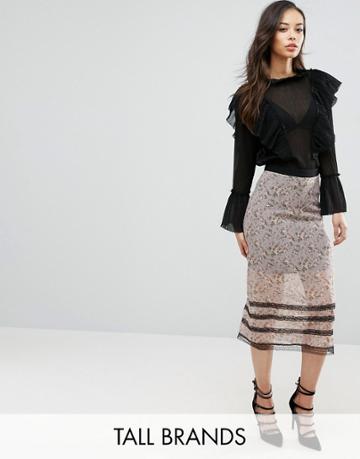Fashion Union Tall Floral Printed Midi Skirt With Lace Trim - Multi