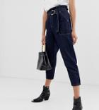 River Island Paperbag Mom Jeans With Contrast Stitching In Dark Wash - Blue