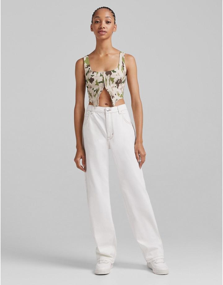 Bershka Contrast Seam Wide Leg Cargo Pants In Ecru-neutral