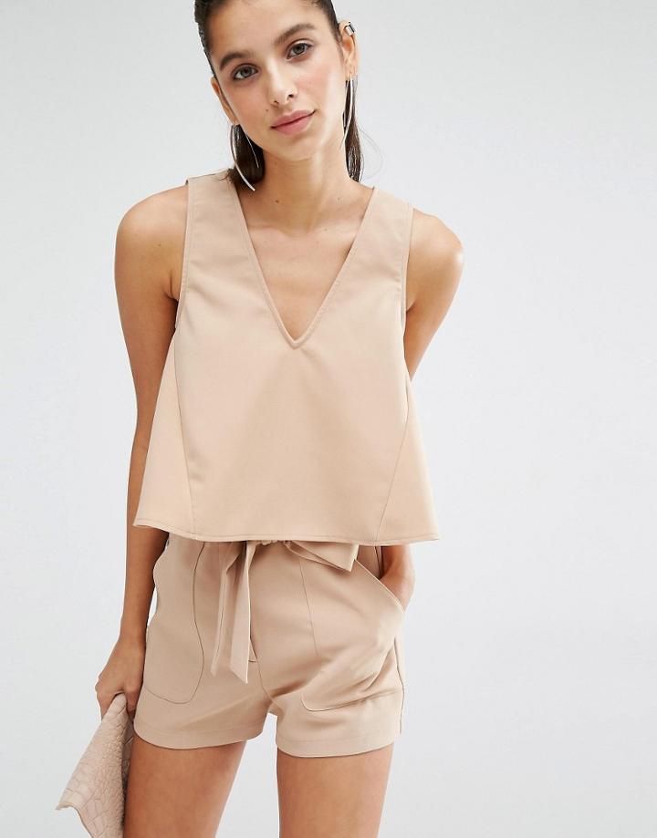 Parallel Lines Crop Swing Top With Deep V Co-ord - Nude
