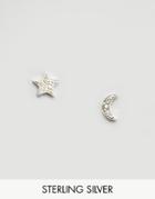 Fashionology Sterling Silver Crescent And Star Earpin Earrings - Silve