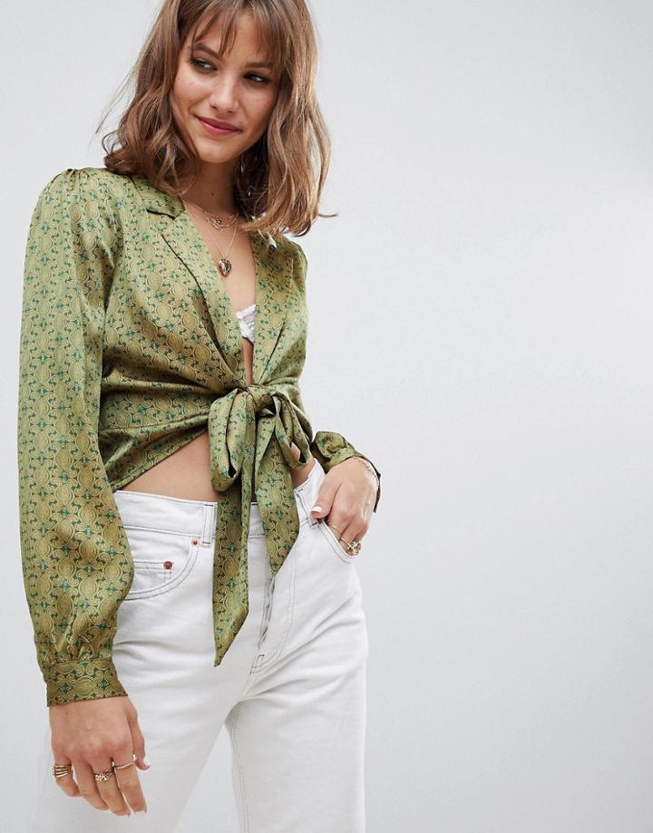 Wild Honey Tie Front Satin Blouse - Green