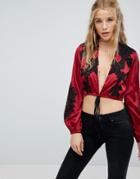 Kiss The Sky Long Sleeve Plunge Embroidered Crop Top In Satin With Tie Front - Red