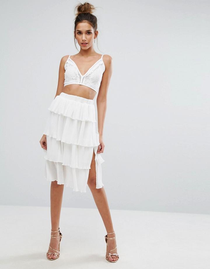 Prettylittlething Frill Tiered Midi Skirt - White