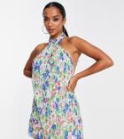 Asos Design Petite Plisse Halter Mini Dress In Bright Floral Print-multi