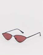 Asos Design Skinny Almond Metal Cat Eye Sunglasses With Red Lens - Black