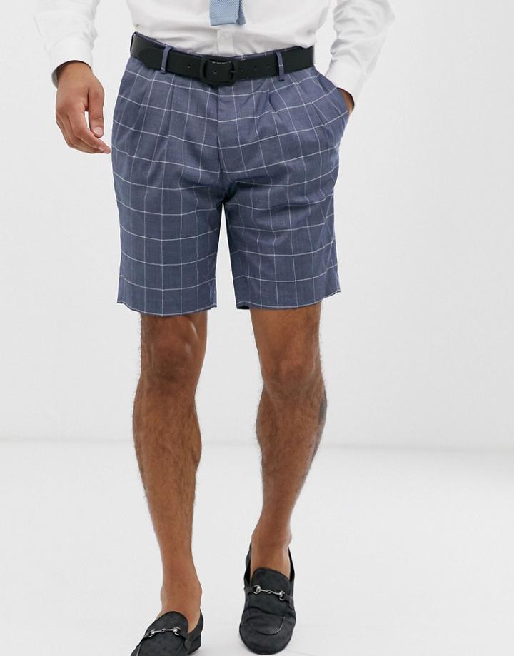 Asos Design Slim Suit Shorts In Linen Blue Check
