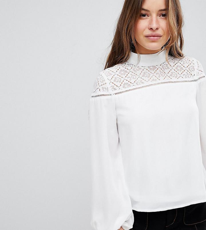 Fashion Union Petite High Neck Blouse With Lace Panel - Cream