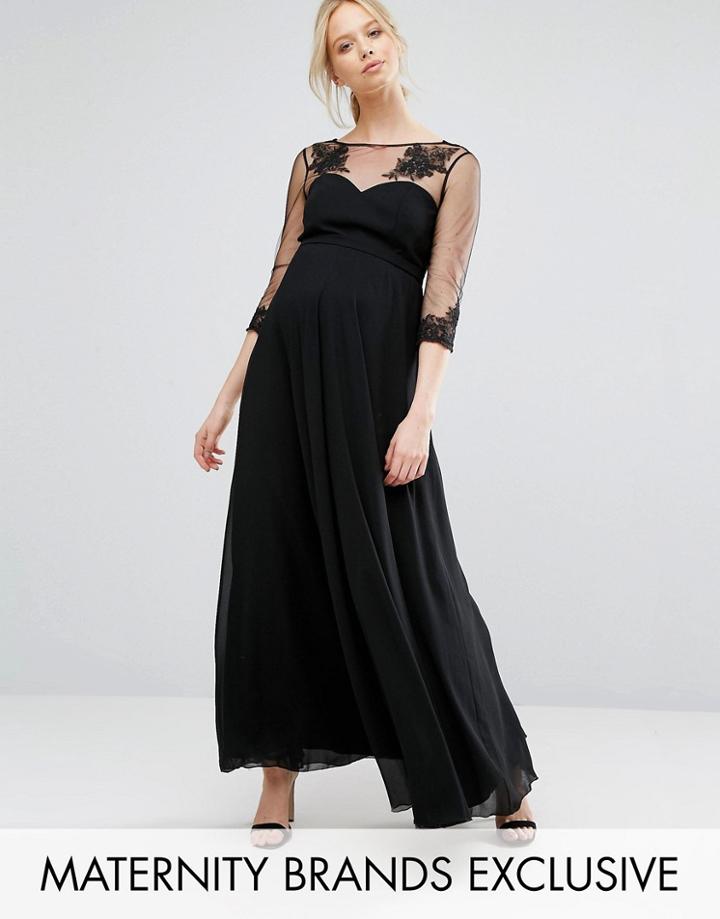 Chi Chi London Maternity Floral Applique Maxi Dress With Sleeves - Black