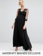 Chi Chi London Maternity Floral Applique Maxi Dress With Sleeves - Black